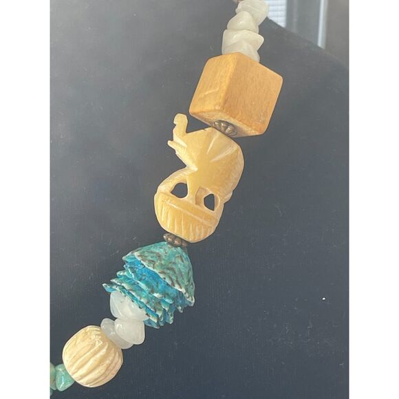 Vtg Bead Necklace, Carved Bovine Turquoise & Stone Fetish, Elephant Bird African - Picture 7 of 12